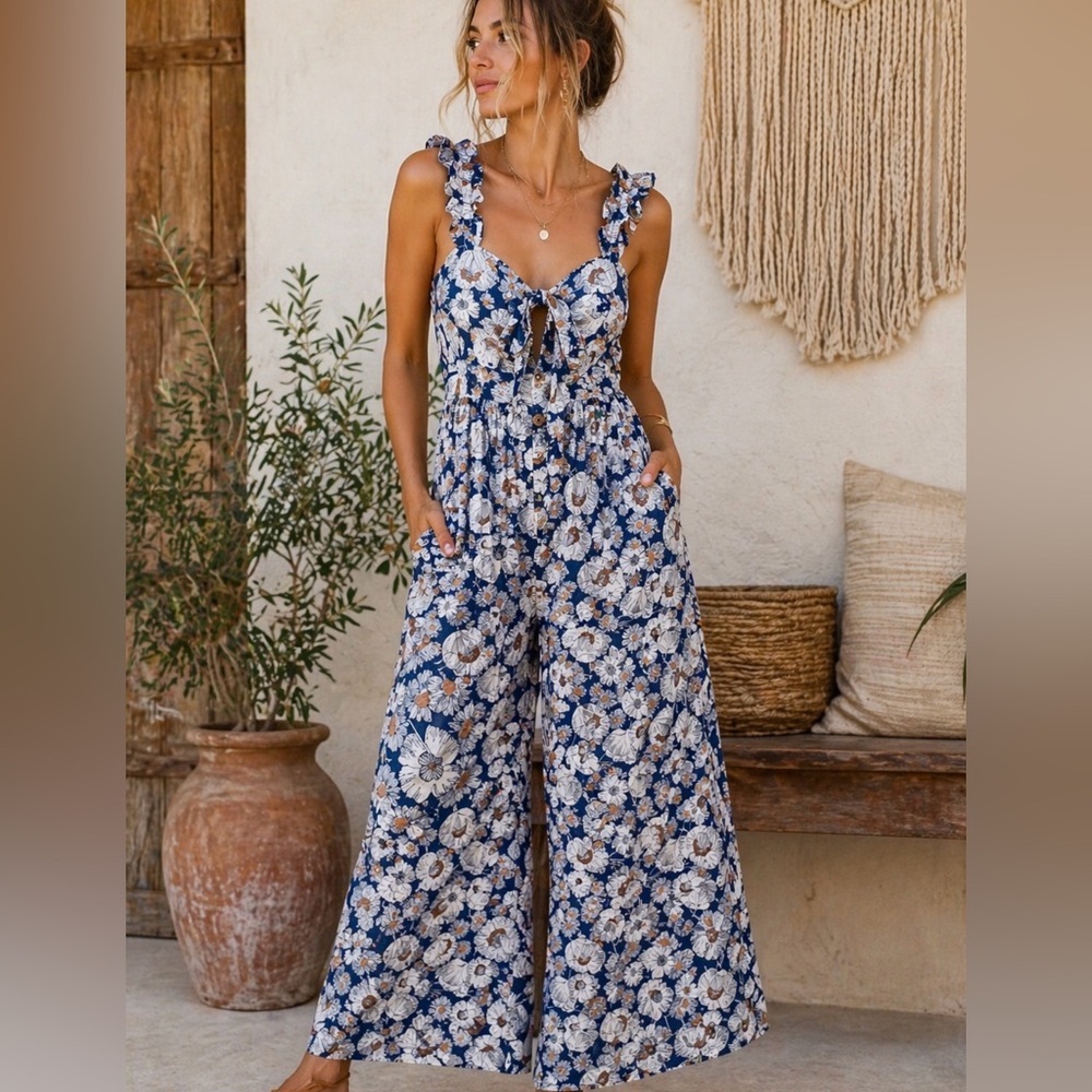 KORI NWT Blue Floral Wide Leg Jumpsuit Ruffle Strap Tie Front Boho medium